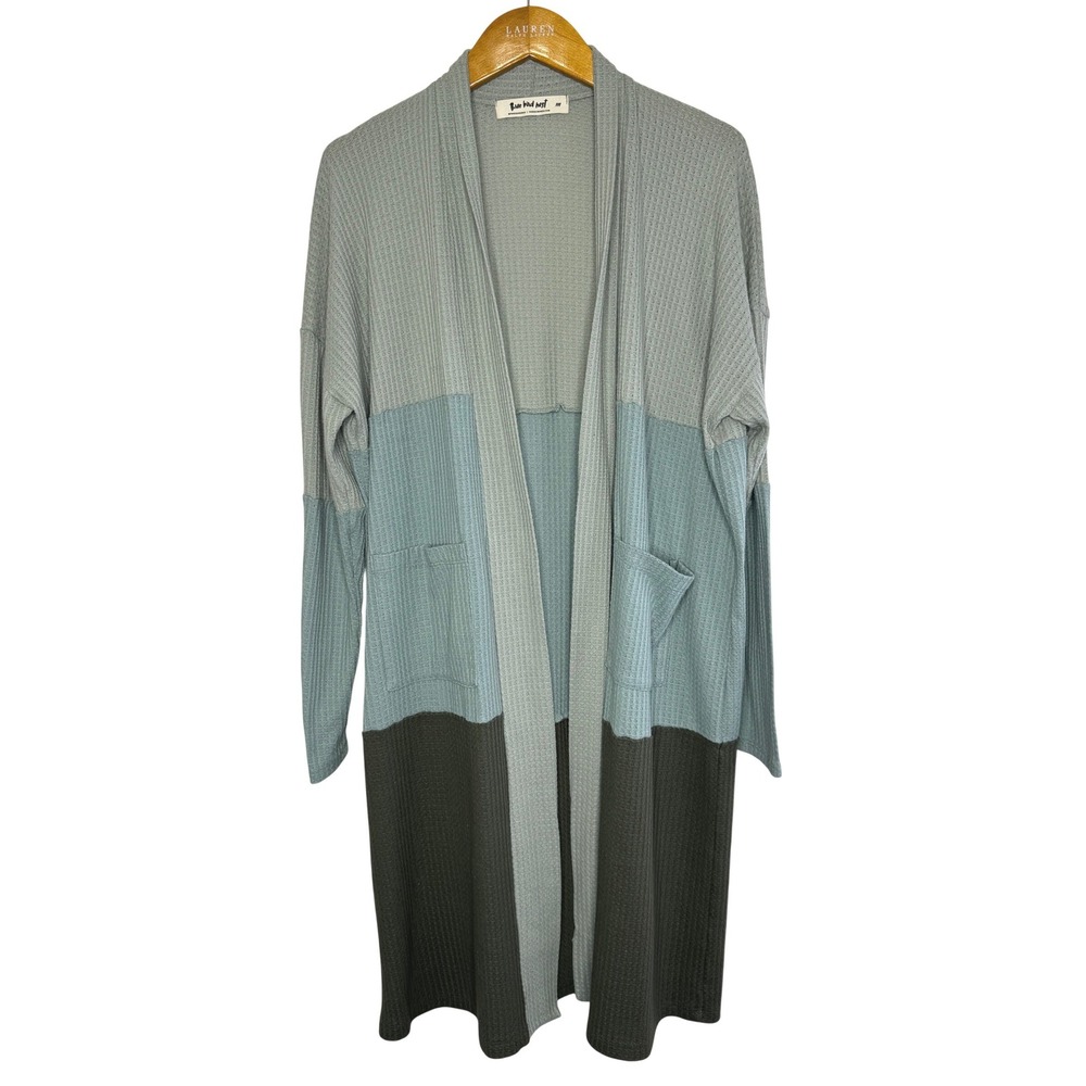 Three Bird Nest Waffle Knit Duster/Cardigan Medium Greenβ